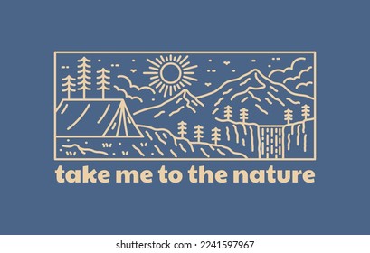 take me to the nature camping mono line art design for badge, sticker, patch, t shirt design, etc