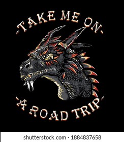 Take me on a road trip.dragon flight.vintage motorcycle.old garage club.vector .Illustration of tattoo art.