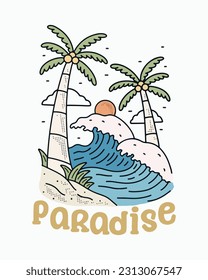 Take me to the paradise. the waves and the coconut on the beach vector t shirt illustration