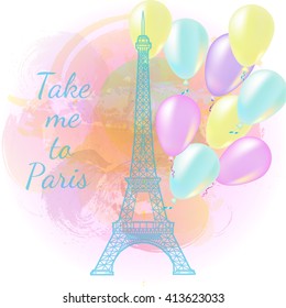 Take me to Paris text. Eiffel Tower on bright pink watercolor background. Vector illustration