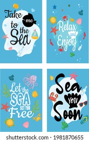 take me to the sea, relax and enjoy, let the sea set you free, sea you soon - vector one card set of the sea