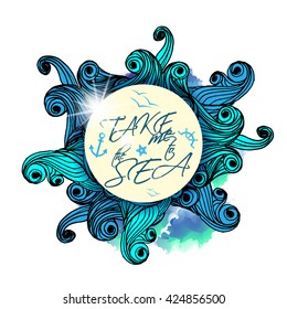 Take me To the Sea typographic template with waves and sun flare design, T-shirt Print or Party Flayer Poster