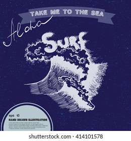 Take me to the sea. Vector sketch of the sea wave. Hand drawn illustration in dot art style. Drawing with lettering isolated on vintage background.