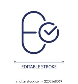 Take medication pixel perfect linear ui icon. Capsule and checkmark. Correct therapy. GUI, UX design. Outline isolated user interface element for app and web. Editable stroke. Arial font used