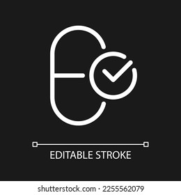 Take medication pixel perfect white linear ui icon for dark theme. Correct therapy. Vector line pictogram. Isolated user interface symbol for night mode. Editable stroke. Arial font used