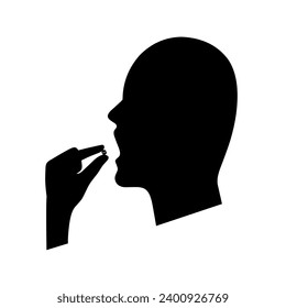 Take medicine pill icon. Head with open mouth and hand holding an oblong pill. Isolated on white background. Vector illustration