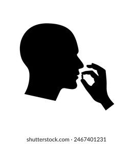 Take medicine pill icon. Head with mouth and hands holding medicinal pills. Isolated on white background. Vector silhouette