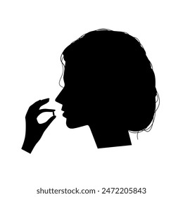 Take medicine pill icon. Head of young woman with open mouth and hand holding pills. Health logo. Isolated on white background. Vector silhouette