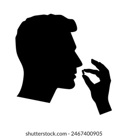 Take medicine pill icon. Human head with open mouth and hand holding pills. Isolated on white background. Vector silhouette	