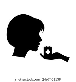 Take medicine pill icon. Little girl head with mouth and hands holding medicine pill box. Isolated on white background. Vector silhouette	