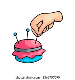 Take metal needle from soft textile red pillow