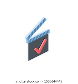 Take movie video checkmark. Vector 3d isometric, color web icon, new flat style. Creative illustration design, idea for infographics.
