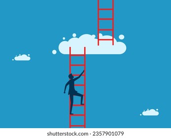 Take it to the next level. man climbs the stairs to the next level of cloud