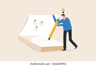 Take a note or diary.  New ideas or new creativity . Draft a new project. or business plan. Record the meeting.
A businessman or a company employee uses a pencil to take notes as if having a new idea.