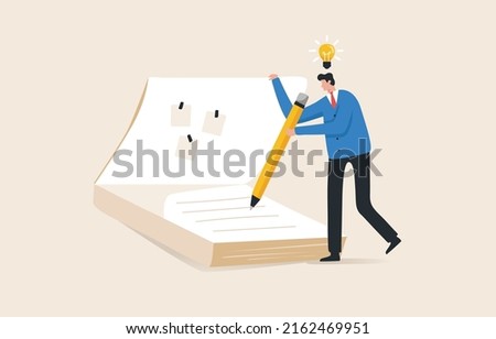 Take a note or diary.  New ideas or new creativity . Draft a new project. or business plan. Record the meeting.A businessman or a company employee uses a pencil to take notes as if having a new idea.
