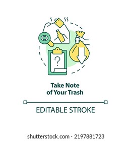 Take note of your trash concept icon. Switching to zero-waste lifestyle abstract idea thin line illustration. Isolated outline drawing. Editable stroke. Arial, Myriad Pro-Bold fonts used
