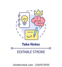Take notes concept icon. Handwriting. Information records. Learning technique abstract idea thin line illustration. Isolated outline drawing. Editable stroke. Arial, Myriad Pro-Bold fonts used