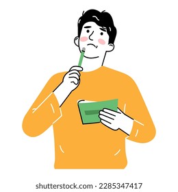 Take notes in your notebook. A man is holding a pencil or a pen and a notebook making a thoughtful gesture. Hand drawn style vector design illustration, outline, linear, thin line, doodle art.