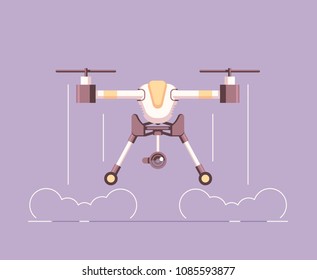 Take off aerial drone with a camera for photography or video recording . Flying quadcopter vector flat illustration
