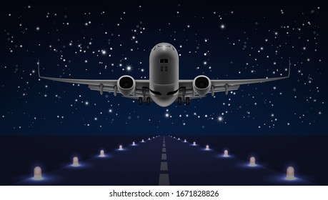 Take Off Airplane In The Night Sky End Dark Runway. EPS10 Vector