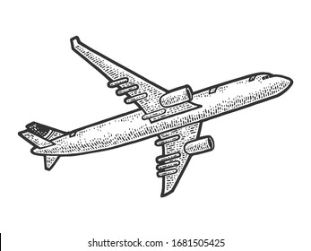 take off flying plane sketch engraving vector illustration. T-shirt apparel print design. Scratch board imitation. Black and white hand drawn image.