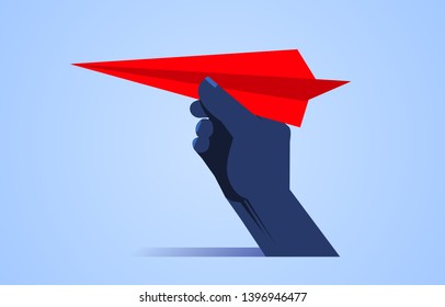 Take off, huge hand holding red paper plane