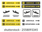 Take off and landing Plane icon symbol set. Arrivals, departures Flight transport sign logo. Airplane vector image. Travel flat illustration. Isolated on yellow background.