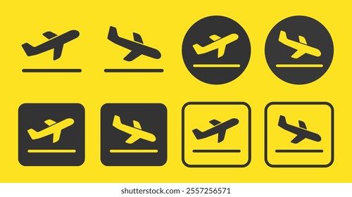 Take off and landing Plane icon symbol set. Arrivals, departures Flight transport sign logo. Airplane vector image. Travel flat illustration. Isolated on yellow background.