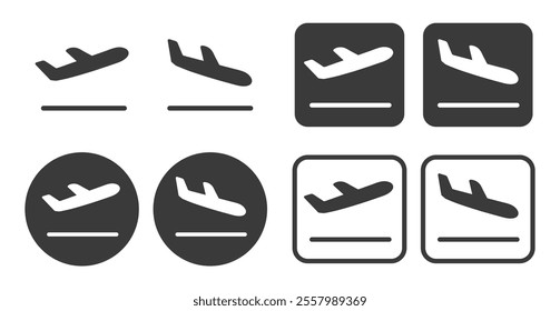 Take off and landing Plane icon symbol set. Arrivals, departures Flight transport sign logo. Airplane vector image. Travel flat illustration. Isolated on yellow background.