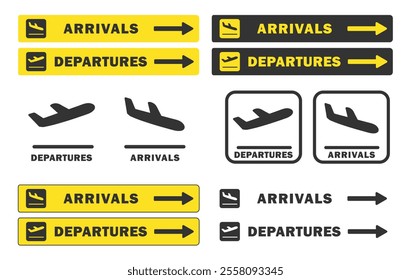 Take off and landing Plane icon symbol set. Arrivals, departures Flight transport sign logo. Airplane vector image. Travel flat illustration. Isolated on yellow background.