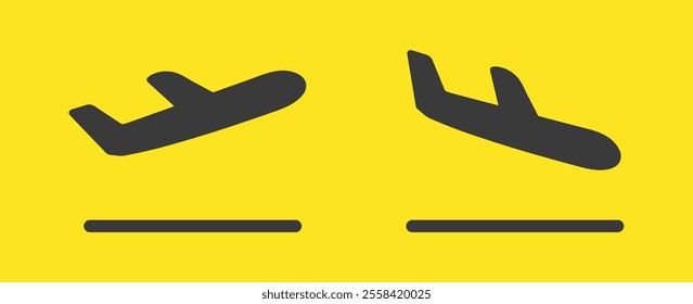 Take off and landing Plane icon symbol set. Arrivals, departures Flight transport sign logo. Airplane vector image. Travel flat illustration. Isolated on yellow background.