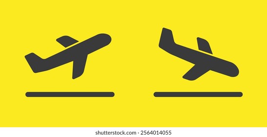 Take off and landing Plane icon symbol set. Arrivals, departures Flight transport sign logo. Airplane vector image. Travel flat illustration. Isolated on yellow background.