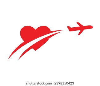 Despegar el avión volando a través del amor o el símbolo del corazón combinado con el símbolo Swoosh que simboliza el viaje de luna de miel y vacaciones