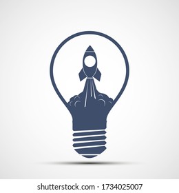 Take off rocket inside a light bulb. Logo isolated on a white background. Vector icon.