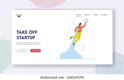 Take Off Startup Landing Page Template. Business Career Boost and Growth Concept. Cheerful Businessman with Jet Pack. Office Worker Character Flying Up by Rocket on Backю Cartoon Vector Illustration