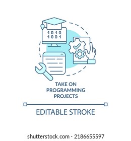 Take on programming projects turquoise concept icon. Become software engineer abstract idea thin line illustration. Isolated outline drawing. Editable stroke. Arial, Myriad Pro-Bold fonts used