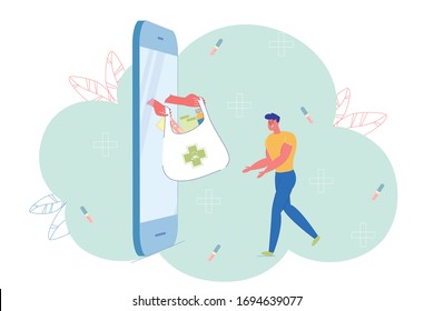 Take Online Medicine Purchases in Convenient Way. Man Approaches Large Smartphone to Pick up his Purchases, from Screen Two Hands Hold out Package Filled with Pharmaceuticals from Online Pharmacy.