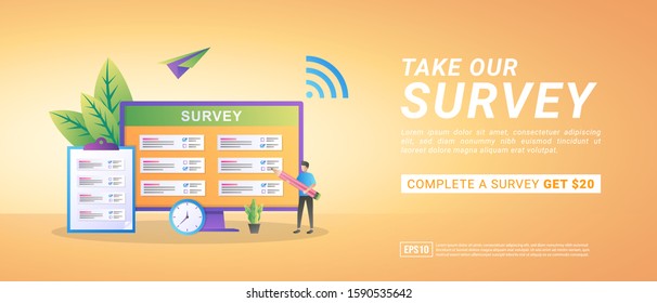 Take An Online Survey Concept. Get Commission From Online Surveys. Answer Questions And Get Prizes. Suitable For Web Landing Page, Marketing, Advertising, Promotion, Banner. Vector Illustration