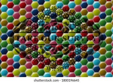 Take Our Survey text inside Colorful candy multicolored emblem.Hexagon chic background. Artistic illustration. 