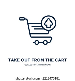 Nehmen Sie aus dem Warenkorb-Symbol aus der Commerce-Sammlung heraus. Dünne Lineare Entnahme aus dem Warenkorb, Warenkorb, Kontursymbol einzeln auf weißem Hintergrund. Zeilenvektorgrafik aus dem Warenkorb nehmen, Symbol für Web 