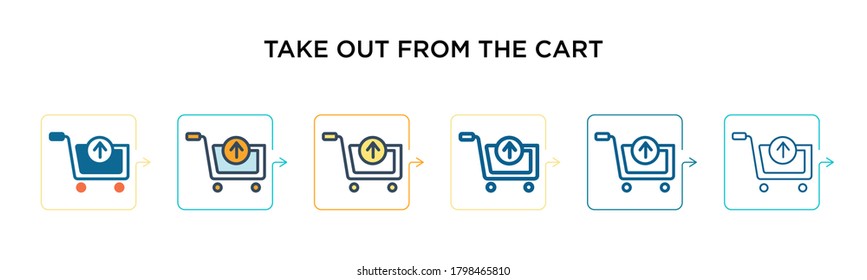 Take out from the cart vector icon in 6 different modern styles. Black, two colored take out from the cart icons designed in filled, outline, line and stroke style. Vector illustration can be used