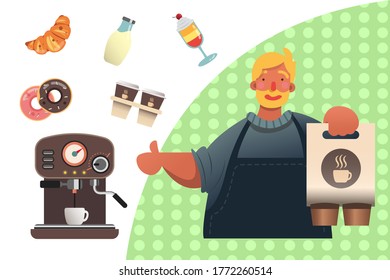 take out coffee, take away coffee, barista and coffee machines among the dessert and milk.