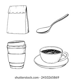 Take out coffee cup, hot cocoa mug with spoon and paper craft bag watercolor illustration set for breakfast