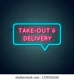 Take out and Delivery neon sign. Delivery glowing neon symbol on dark background. Vector illustration.