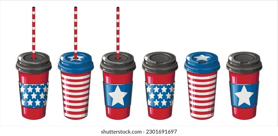 Trinken Sie aus. Kaffee-Cup in patriotischen Farben. 4. Juli Patriotisches Konzept. Design-Element des Unabhängigkeitstags