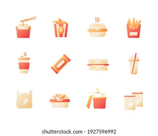 Extraiga el conjunto de iconos de color plano del vector de comida rápida. Los fideos se llevan. Paquete de plástico. Entrega de comida lista. Imágenes prediseñadas con estilo de caricatura para paquete de aplicaciones móviles. Conjunto de ilustraciones RGB aisladas