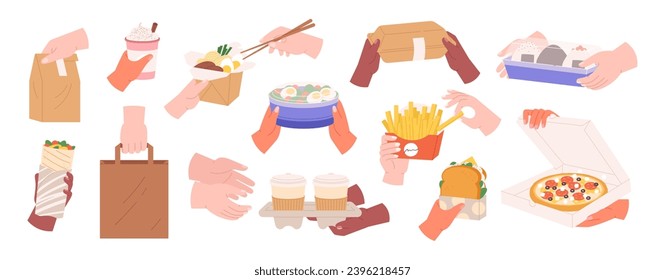 Take out food to home. Takeaway salad, sandwich and pizza. Hands holding paper containers with various meals, coffee to go racy vector clipart