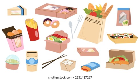 Take out food in paper boxes. Cardboard pack, lunch and dinner, fresh breakfast and coffee. Take away grocery store product bag, decent desserts vector set