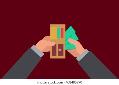 take out money from a purse hands flat design vector