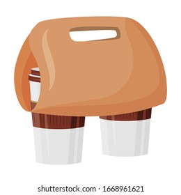 Take out order cartoon vector illustration. Americano in convenient disposable package. Coffee break. Two cups with paper holder flat color object. Beverage to go isolated on white background